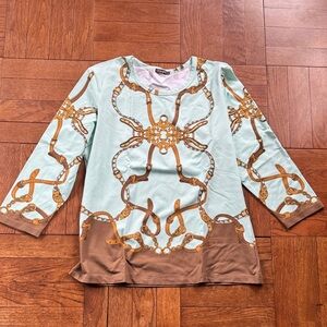 J. McLaughlin Mint and Brown Top with Gold Accents